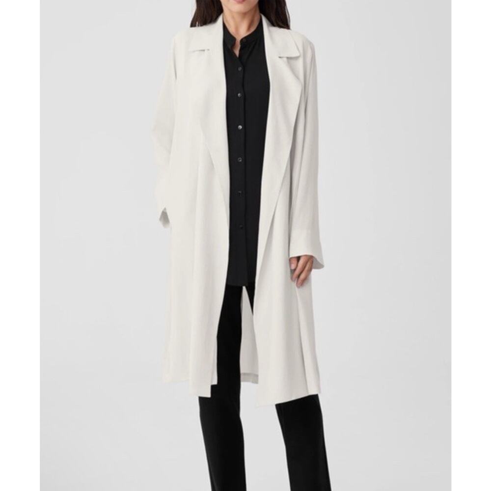 Eileen Fisher Ivory Silk Georgette Crepe Trench Long Coat $398 1X NWT
